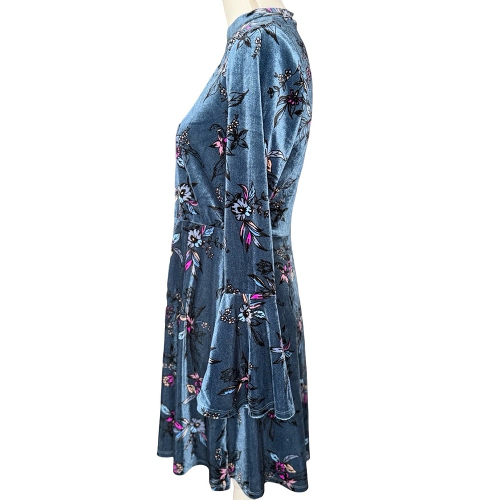 Blue Velvet Floral Dress Bell Sleeve Mock Neck Fit Flare Womens Medium - Picture 3 of 9